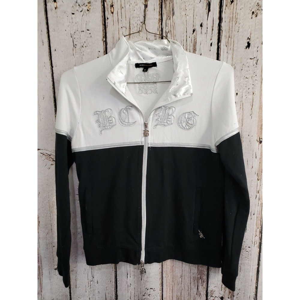 BCBGMAXAZRIA Zip Up Applique Graphic Sweatshirt Jacket women's medium‎ euc